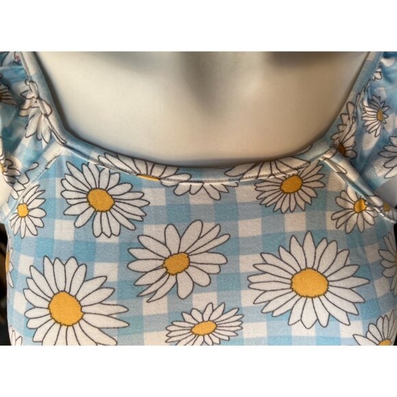 Shosho Romper Womens Size 10 Blue & White Daisy Checkered Ruffled Straps - Picture 5 of 7